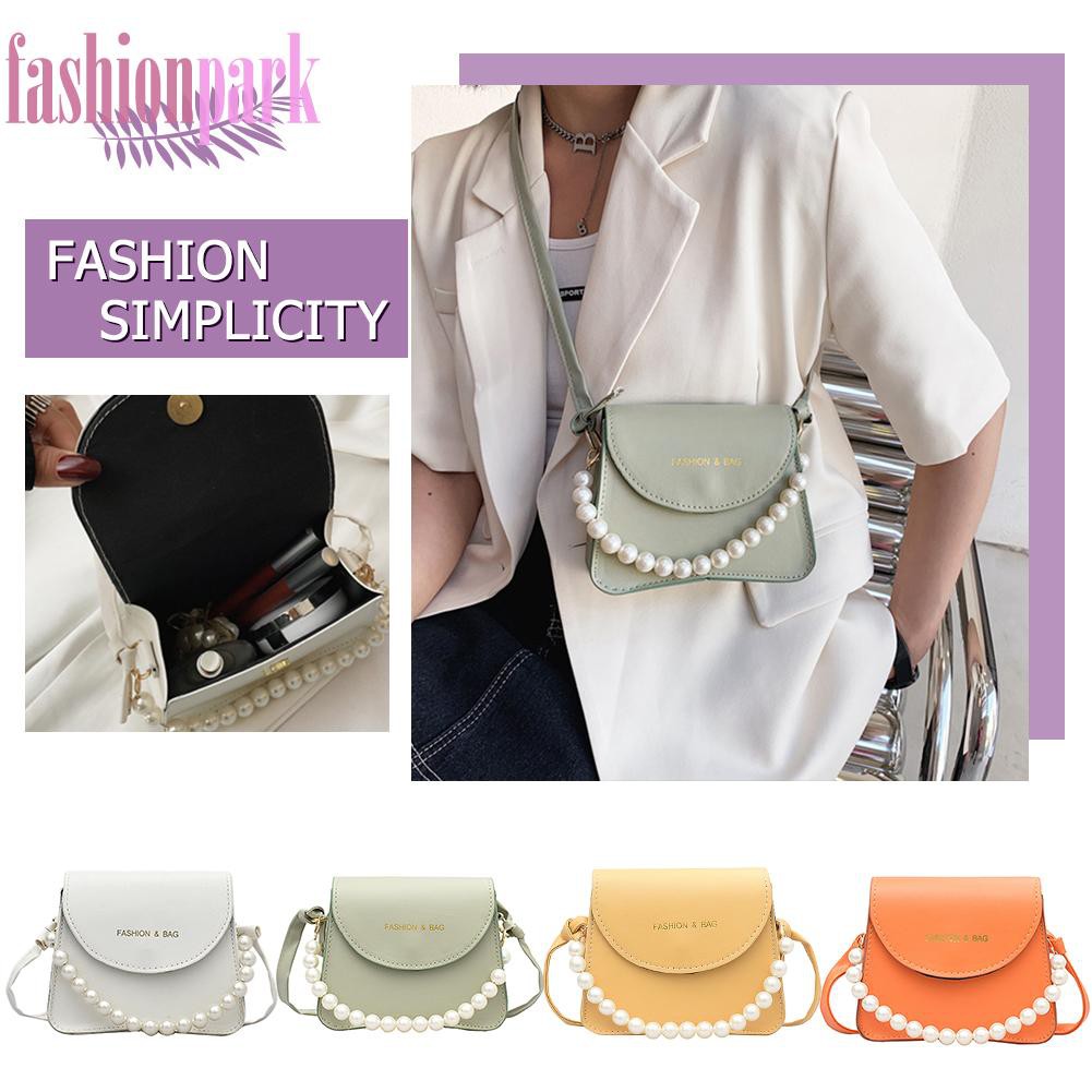 (FAS) Fashion Women PU Crossbody Bag Casual Ladies Pearl Chain Pure Color Handbag