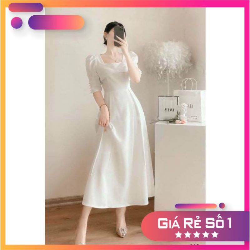 Đầm dự tiệc maxi trắng tay phồng cỗ vuông dáng dàii