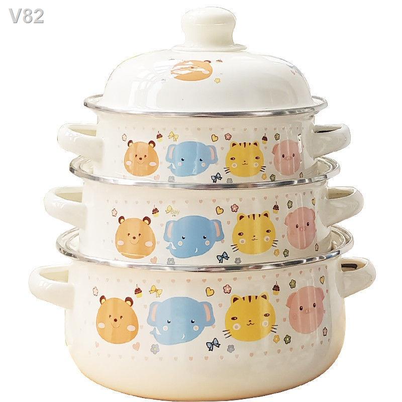 ♚◕Nồi tráng men ba đáy dày súp phẳng hầm lẩu bếp từ ga chung