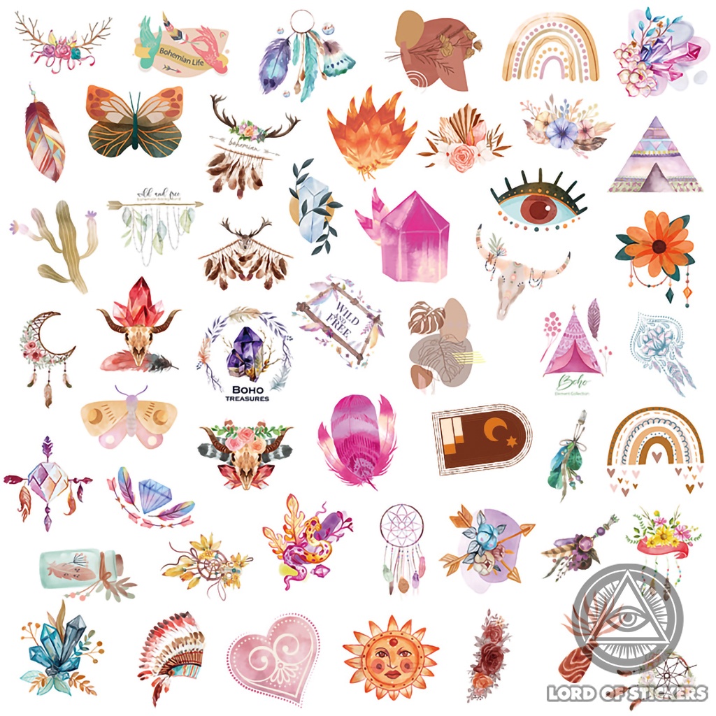 Set 50 Hình Dán Bohemian Graffiti Sticker Cute Phong Cách Châu Âu Cổ Điển Chống Thấm Nước Dán Mũ Bảo Hiểm, Laptop, Vali