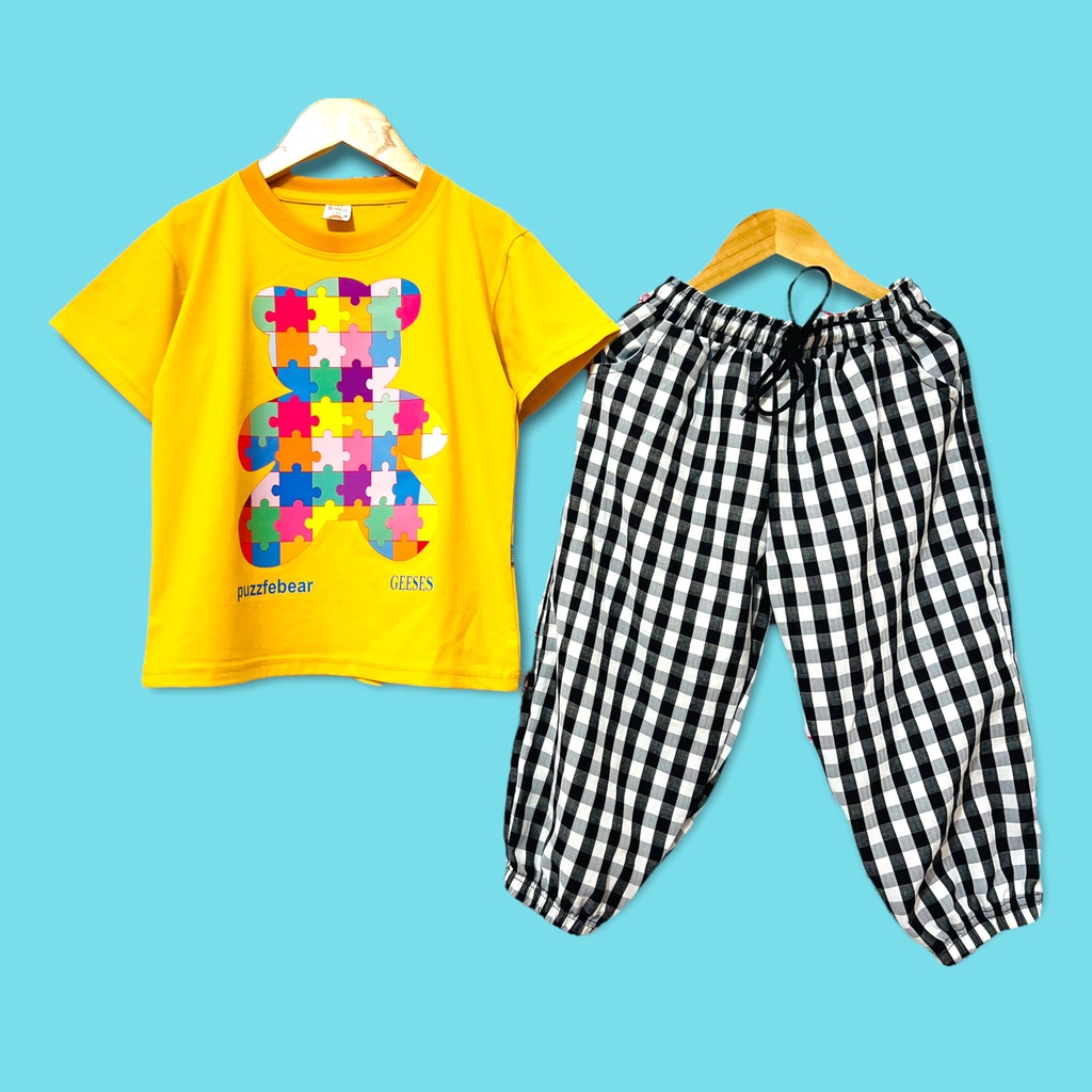 Đồ bộ bé gái Con Xinh cotton phối quần dài caro Gấu Nhiều Màu, thời trang dành cho trẻ em từ 4 đến 10 tuổi