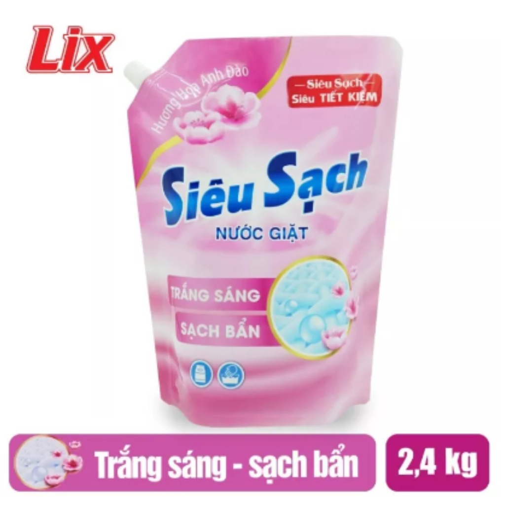 Nước giặt Lix đậm đặc hương hoa anh đào túi 2.4Kg N2503 làm sạch cực nhanh vết bẩn, tăng gấp đôi sức mạnh giặt tẩy