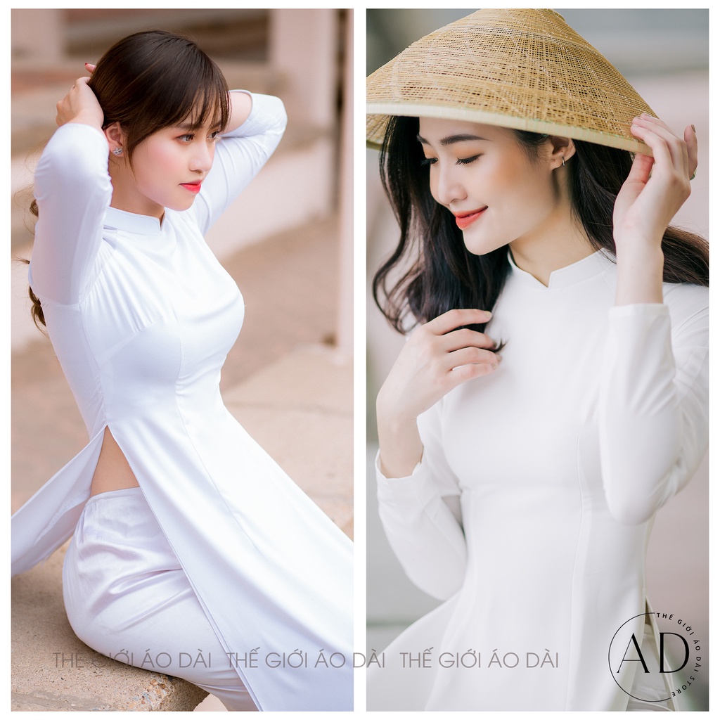 Áo dài trắng 4 tà truyền thống cổ V mỏng nhẹ nhiều size nữ học sinh mặc đi học trẻ trung vải co giãn - Thế Giới Áo Dài