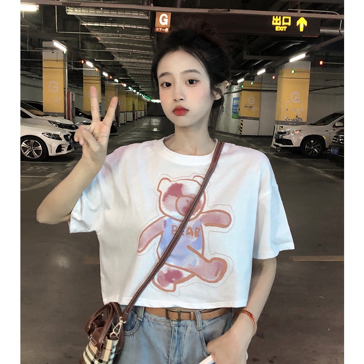 Áo Thun cotton Ngắn Tay Họa Tiết Hoa Thời Trang Hàn Quốc Cho Nữ