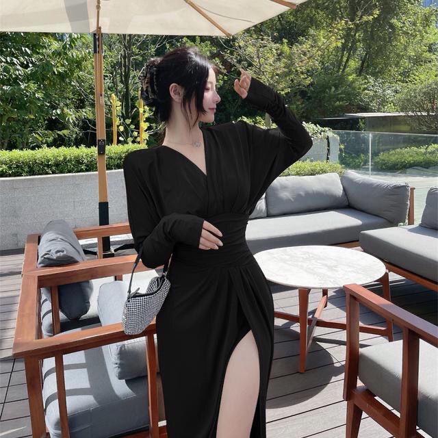 Đầm Cổ Chữ V Eo Cao Xẻ Tà Thời Trang Thu Đông Mới Thanh Lịch Dành Cho Bạn Nữ