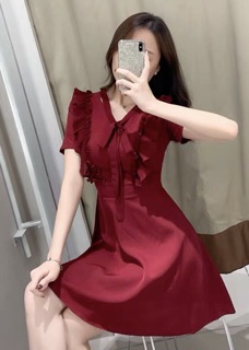Đầm váy đỏ cổ V phối dập li (kèm hình thật)