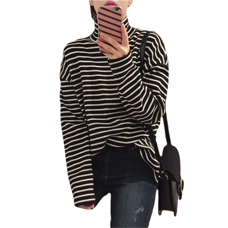 Áo thun DIDIKA tay dài cổ cao form rộng họa tiết kẻ sọc phong cách Preppy thời trang mùa xuân mới cho nữ