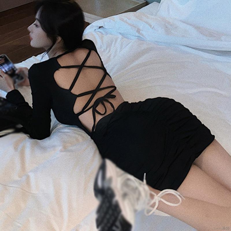 Đầm Tay Dài Cổ Vuông Hở Lưng Quyến Rũ Cho Nữ Váy chân váy
