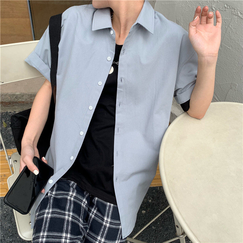 Áo sơ mi tay ngắn màu trơn phong cách retro Hàn Quốc dành cho nữ