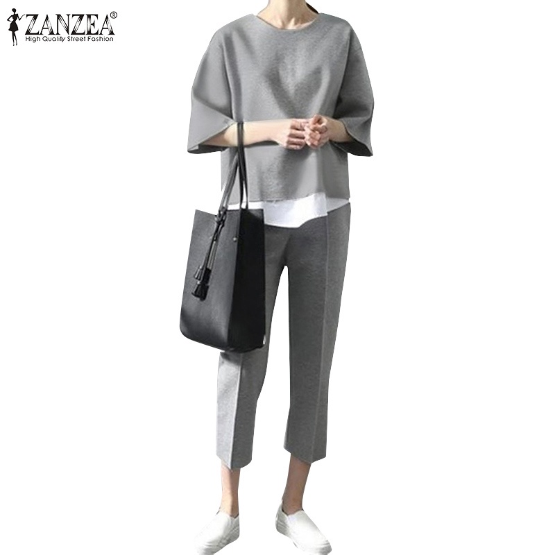 Set đồ 2 món ZANZEA gồm áo thun ngắn tay và quần dài lưng cao thời trang cho nữ