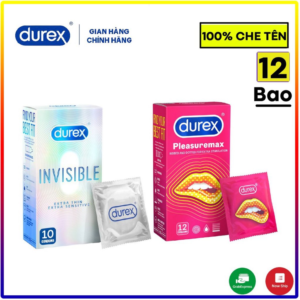 Bộ 2 bao cao su Durex Invisible siêu mỏng và bao cao su gân gai Durex Pleasuremax + Tặng kèm hộp 3 durex