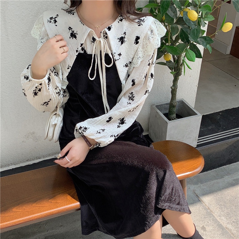 Đầm PERTY phối ren cổ thắt nơ size lớn phong cách Hàn Quốc thời trang xinh xắn dành cho nữ