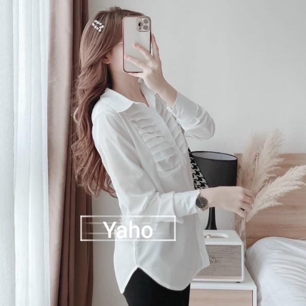 Áo sơ mi nữ dài tay đi học sinh kiểu hàn màu trắng mặc công sở phối sọc ngang - Áo sơ mi nữ form rộng họa tiết dáng dài