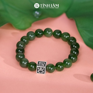 TINH LÂM Vòng Tay Phong Thủy Đá Phật Ngọc 9,5 Li - Charm Vuông Sen