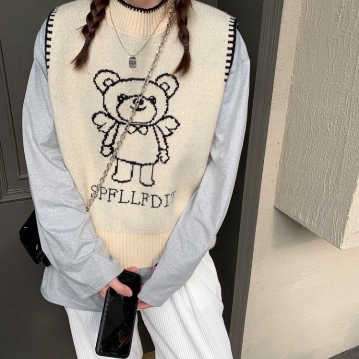 Gile Len Nữ Quảng Châu, Áo Gile Len Form Rộng Unisex Họa Tiết Hình Gấu Cổ Tròn Taobao | BigBuy360 - bigbuy360.vn