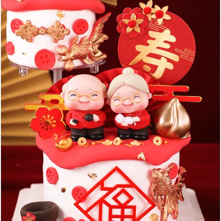 Tượng ông bà ÁO ĐỎ trang trí bánh sinh nhật, mừng thọ ông bà 15000