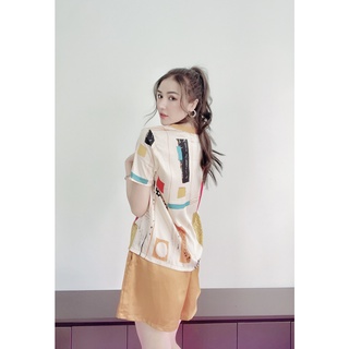 Bộ đồ ngủ lụa Pyjama đùi phối quần màu cam