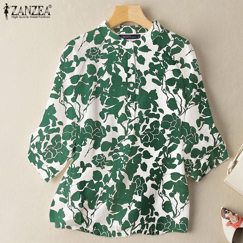 Áo sơ mi Zanzea cổ đứng tay 3/4 in họa tiết thời trang cho nữ