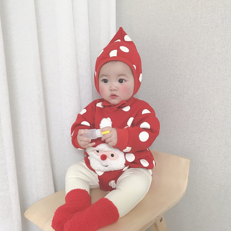 Bộ Áo Liền Quần + Nón Vải Dày Họa Tiết Giáng Sinh Dễ Thương Cho Bé Gái