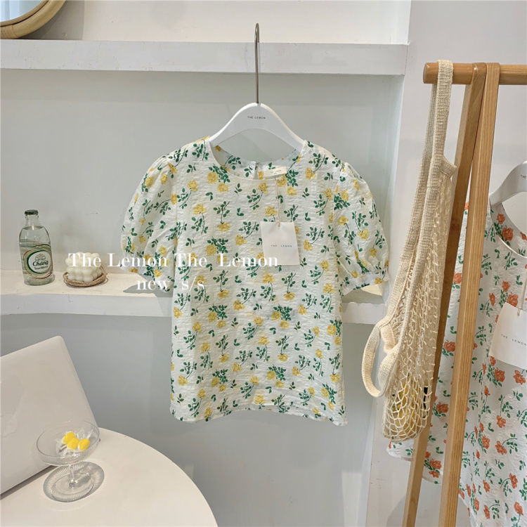 Áo Kiểu Tay Ngắn Phồng Cổ Tròn Họa Tiết Hoa Nhí Xinh Xắn Thời Trang Kiểu Pháp
