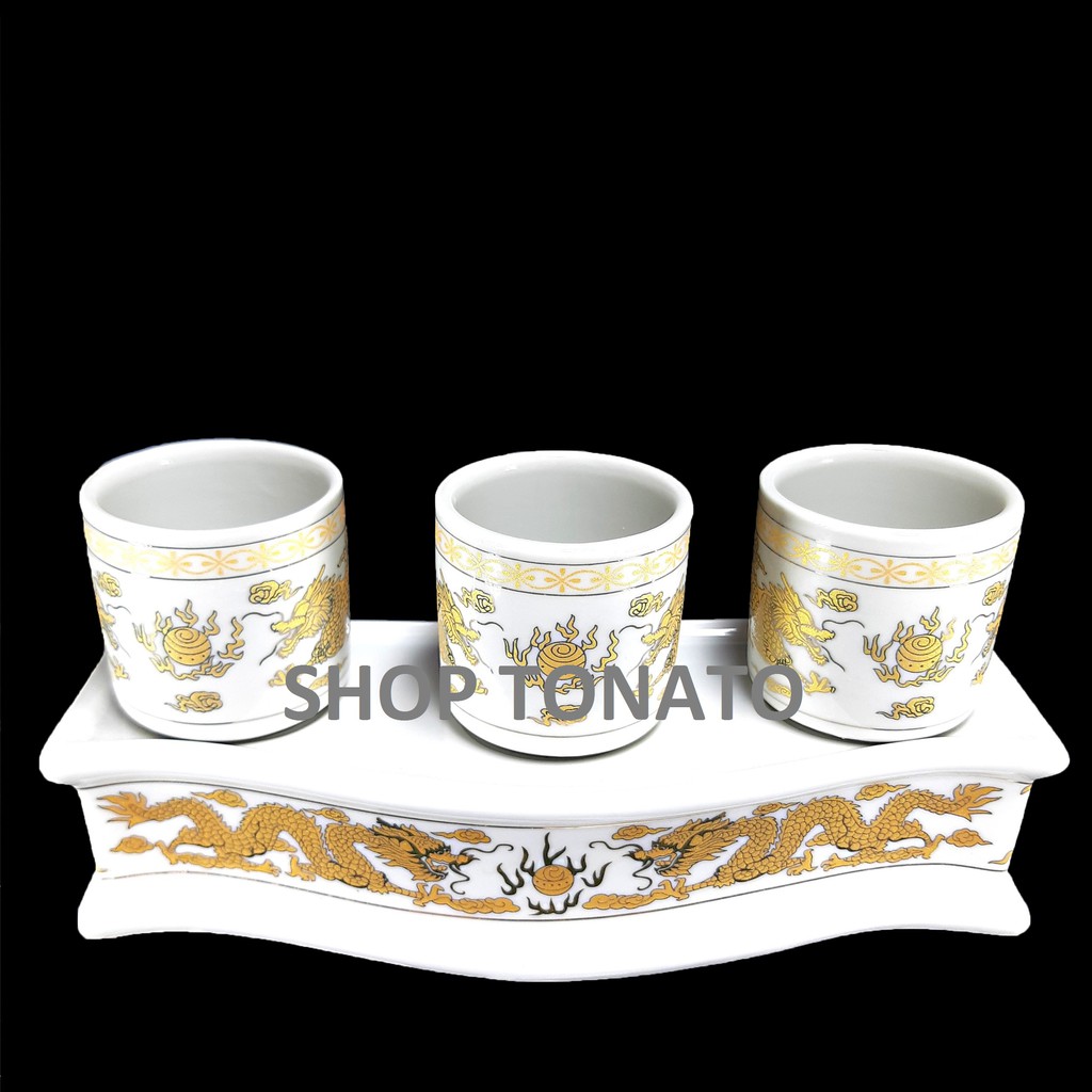 CHUNG BỘ 3 LY THỜ CÚNG RỒNG TRẮNG 091 CAO 7.5CM