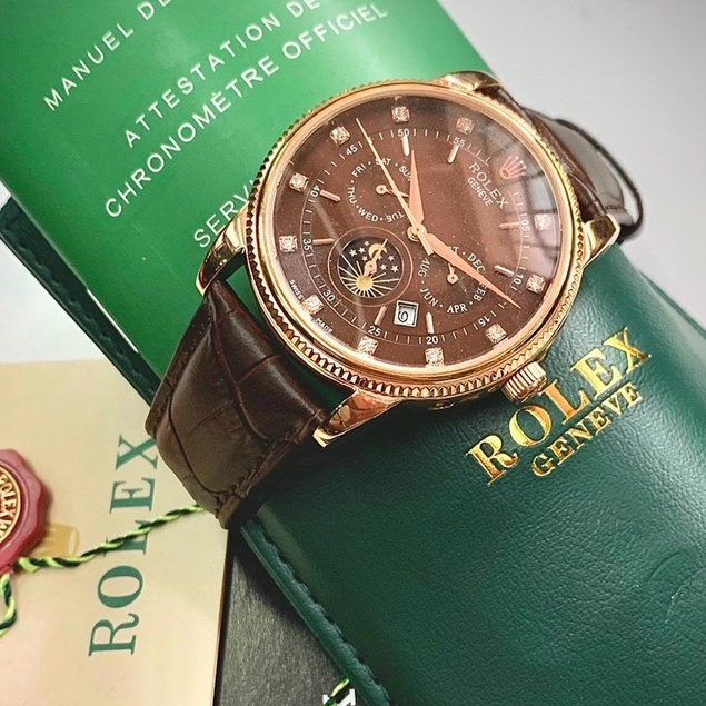 Đồng hồ Nam Rolex hàng chính hãng đồng hồ cơ Automatic máy nhật mẫu 6 kim dây da mặt số đính đá size