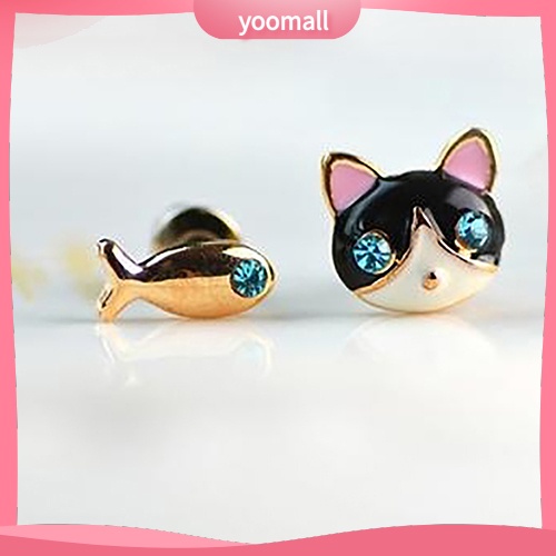 Khuyên tai đính đá hình mèo và cá phong cách Hàn Quốc dễ thương dành cho nữ