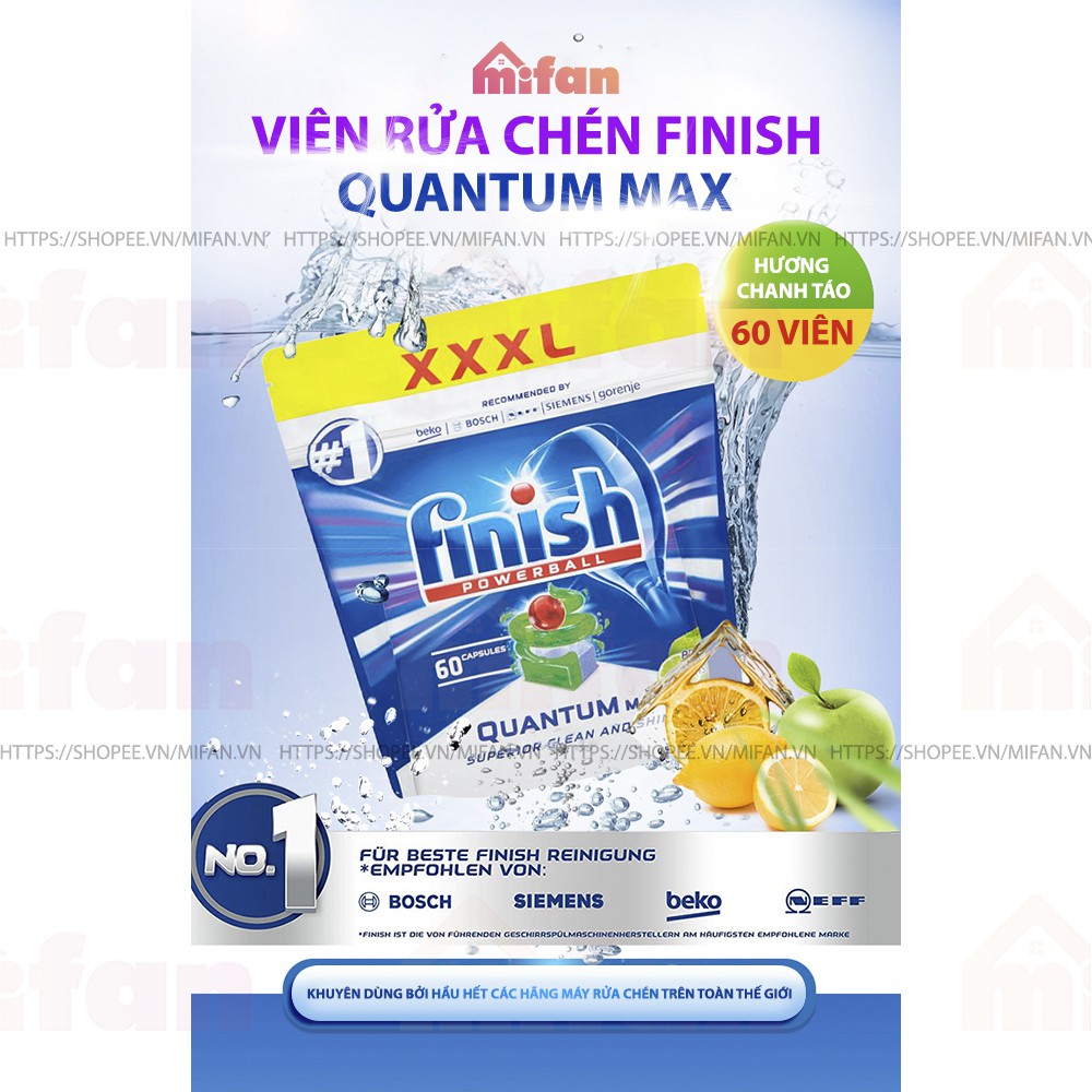 Viên Rửa Bát Finish Quantum Max Gói 60 Viên - Hương Chanh, Chanh Táo, Soda - MIFAN PHÂN PHỐI CHÍNH HÃNG