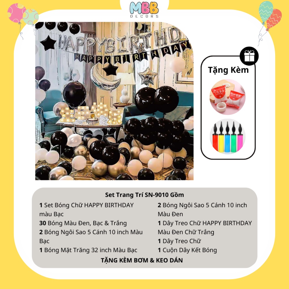 [TẶNG BÓNG SỐ &amp; BƠM, KEO] Set Trang Trí Sinh Nhật Màu Bạc Đen Trắng Dành Cho Người Lớn (Đầy Đủ Như Hình) - 9010