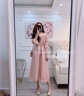 Váy lụa hồng buộc eo l1