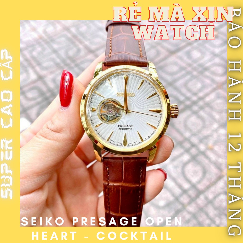 Đồng hồ nam seiko presage Open-Heart, Cocktail máy cơ dây da size 41mm