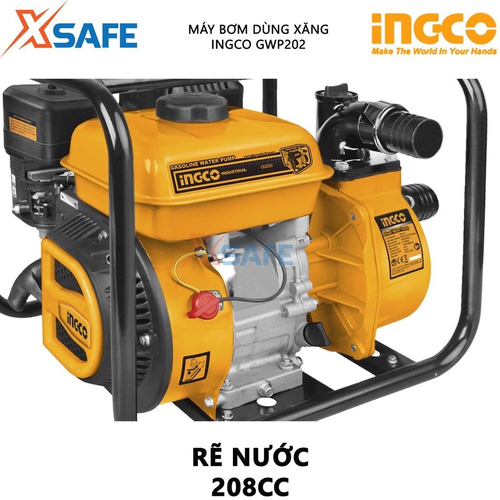 Máy bơm nước dùng xăng INGCO GWP202 Máy bơm nước động cơ xăng 7.0HP, dung tích xi lanh 208cc, bình nhiên liệu 3,6L-XSAFE