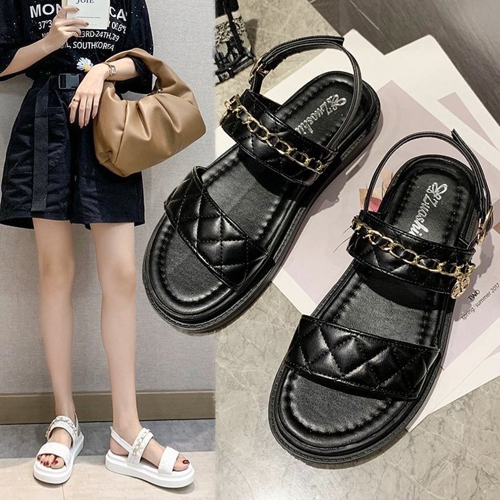 Sandal Ulzzang Nữ Vintage, Sandal Quai Xích Hai Dây Đế Cao Su Chống Trơn Trượt Độn 3cm Hàn Quốc - Iclassy_shoes