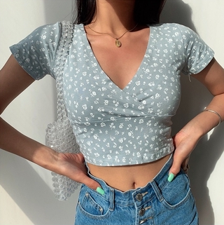 S-3xl floral cross v neck blouse tops women sexy crop top