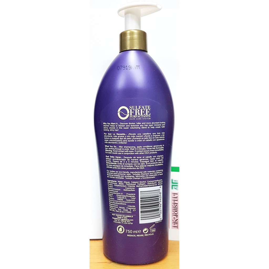 Dầu gội dầu xả OGX Thick and Full Biotin and Collagen shampoo Conditioner chai 750ml từ Mỹ có vòi