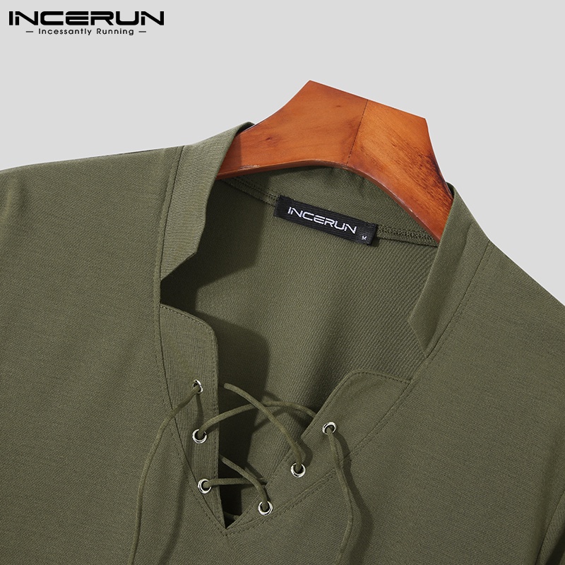 Áo thun Incerun dài tay cổ chữ V phối dây buộc 3 màu cá tính dành cho nam