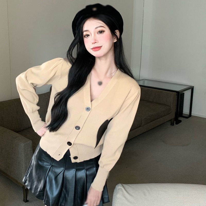 Áo khoác cardigan dệt kim dáng rộng họa tiết trái tim xinh xắn cho nữ