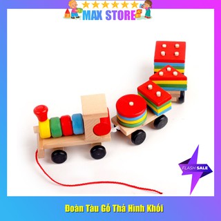 Đồ chơi gỗ - đoàn tàu hỏa 3 toa thả cọc hình khối
