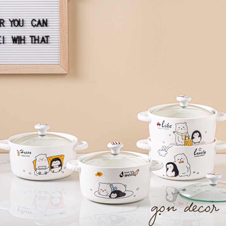 Nồi sứ trắng xinh xắn, tô úp mì bằng sứ cao cấp chịu nhiệt, có nắp đi kèm - Gọn Decor