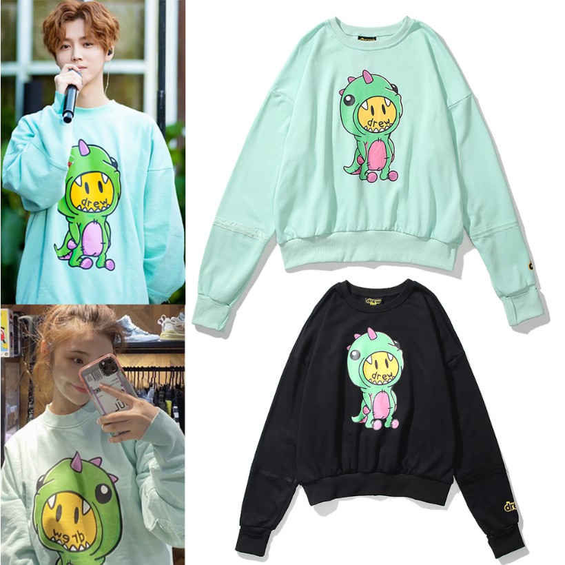 Áo Sweater Cổ Tròn Dáng Rộng In Hình Khủng Long Nhỏ Đáng Yêu