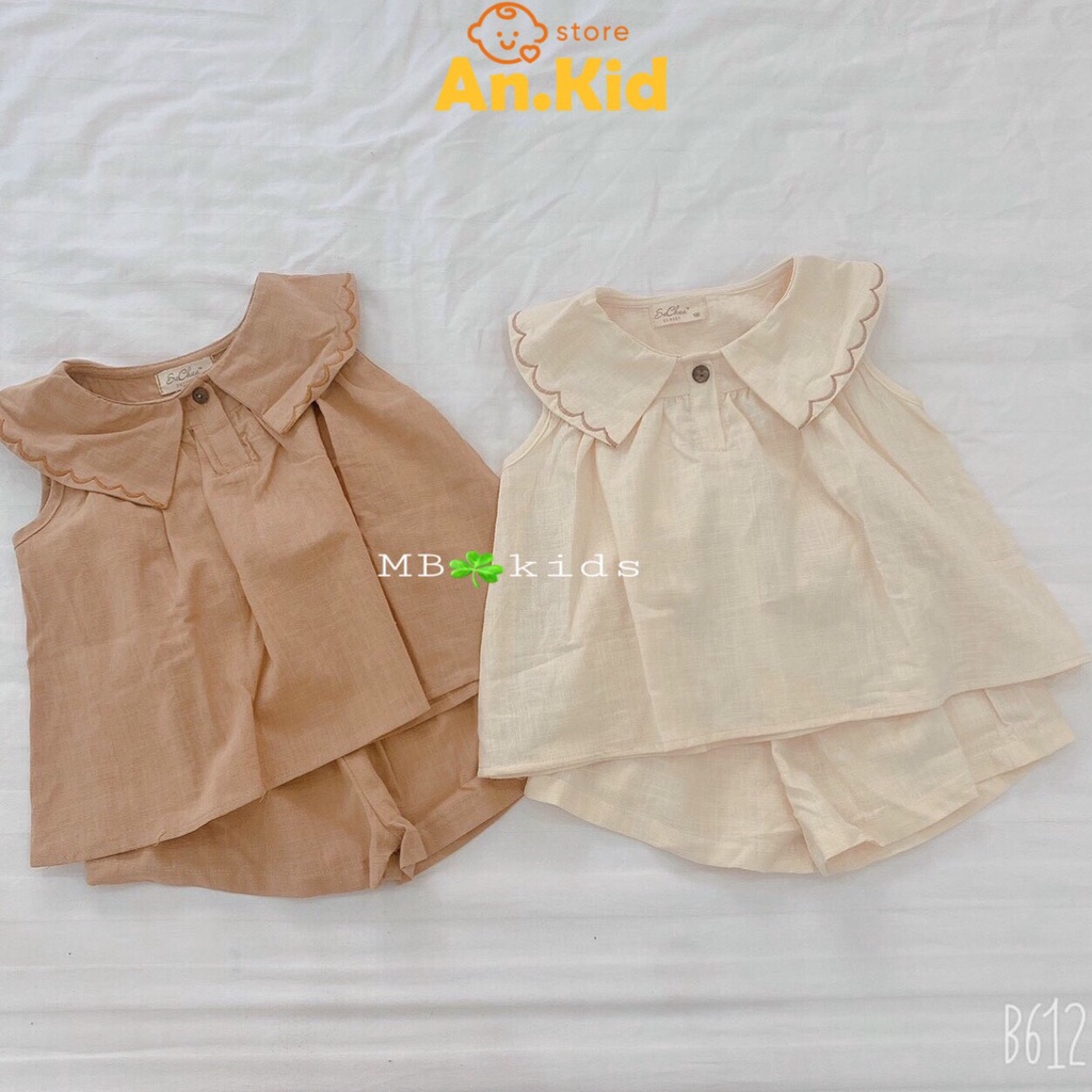 Set Bé Gái Trơn Chất Thô Mềm Cổ Sen Vuông Thêu Viền, Đồ Bộ Cho Bé Gái Mặc Đi Chơi - AN.KID