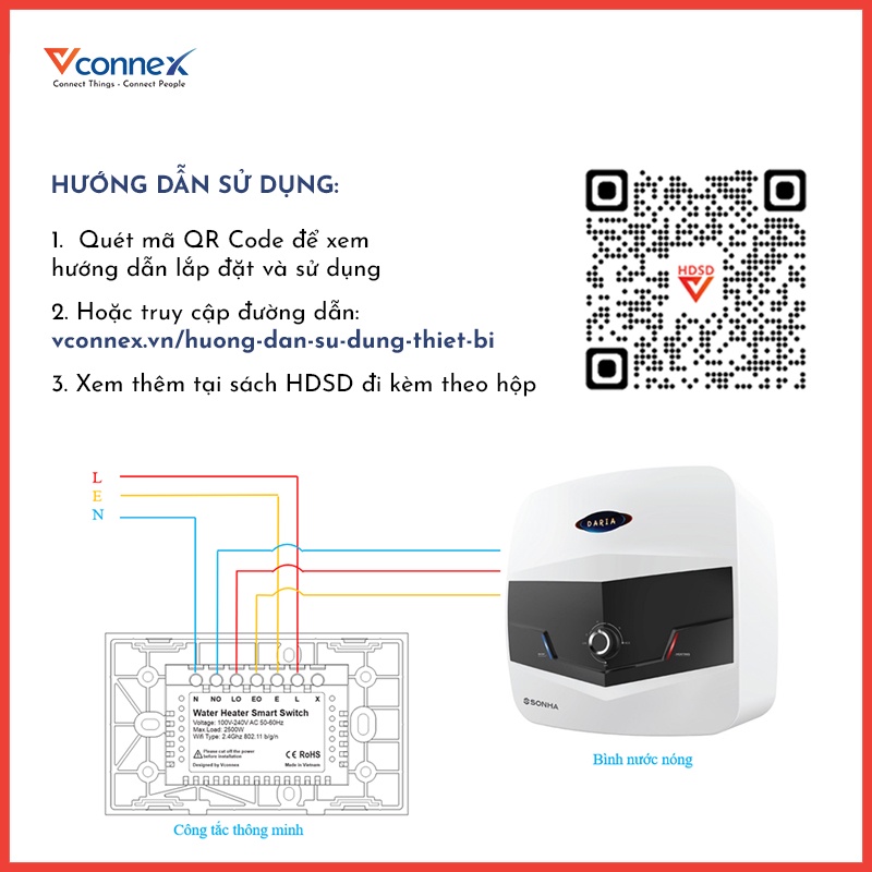 Công Tắc Bình Nóng Lạnh Thông Minh Vconnex, Kết Nối Wifi, Tích Hợp Cảm Biến Chống Dò Điện, Hẹn Giờ Đun, Công Suất 2500W