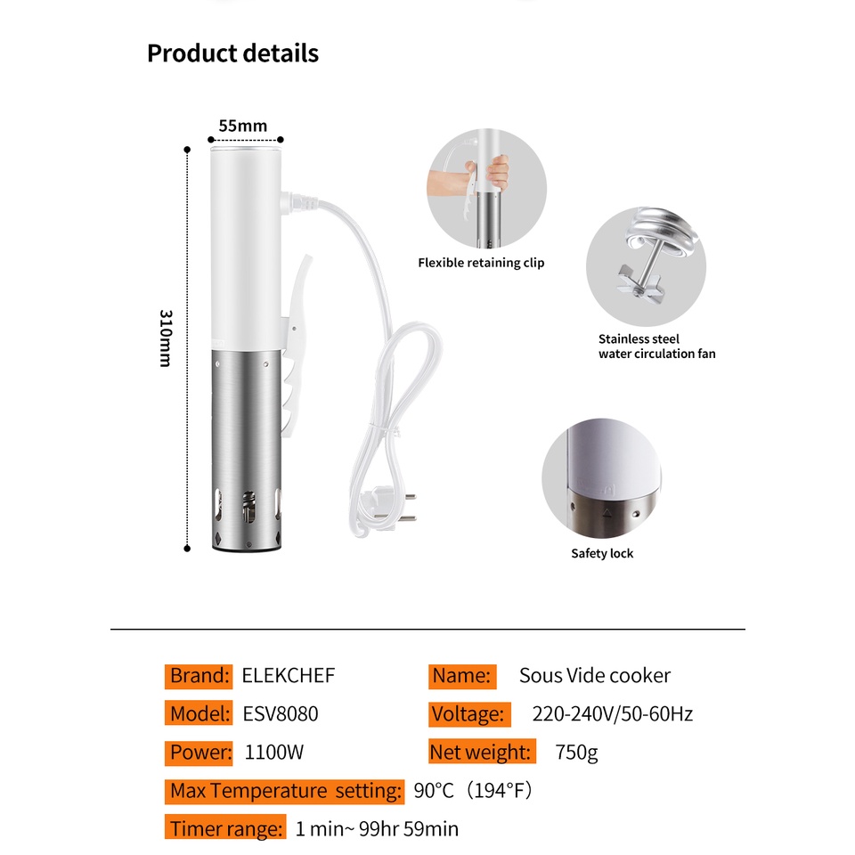 Máy nấu chậm ELEKCHEF sous vide ESV-8080 IPX7 công nghệ chống thấm với màn hình LED và ổ cắm chuẩn châu Âu