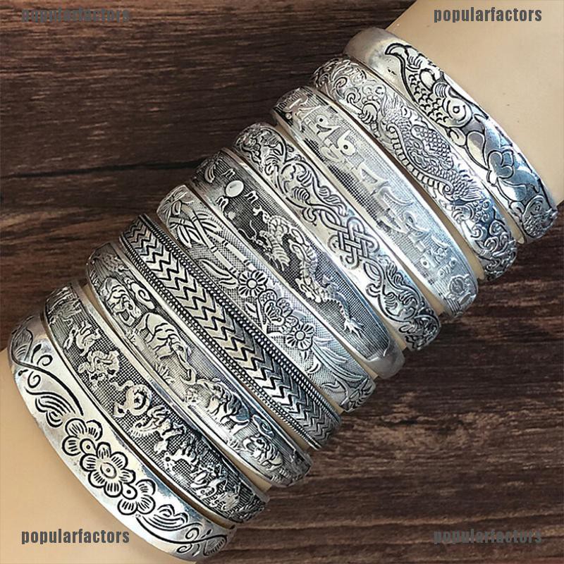 [Popular] Retro Opening  Bracelet Jewelry Vintage Tibetan Silver Totem Carved Bangle Cuff [Factors]