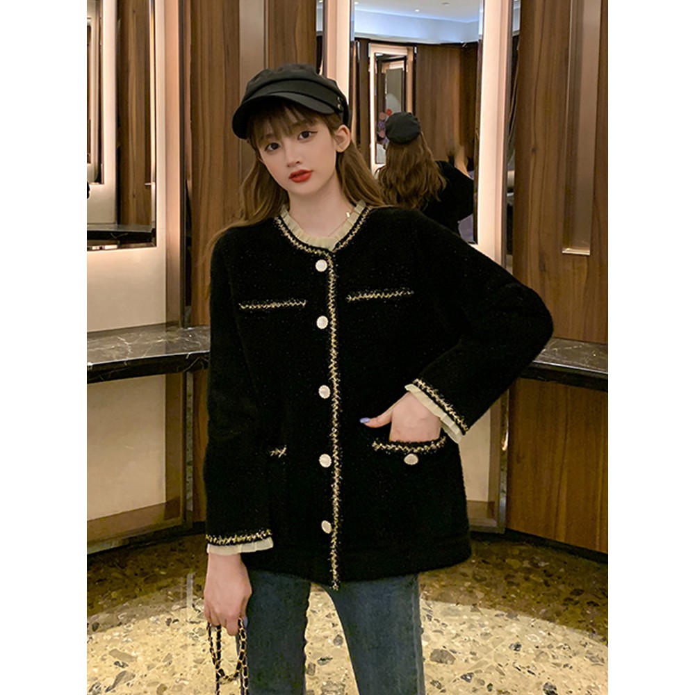 Áo khoác cardigan len lông mềm mịn cổ phối voan viền ánh nhũ lấp lánh Hàn Quốc cao cấp sang chảnh