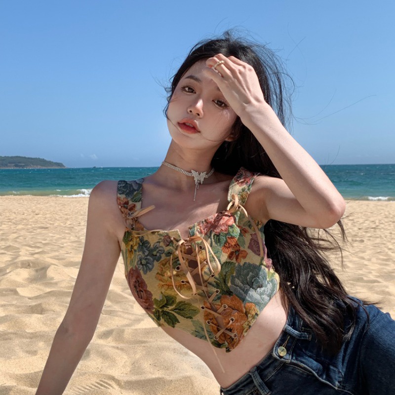 Áo Croptop Sát Nách Chất Chiffon Hoạ Tiết Hoa Thiết Kế Quyến Rũ