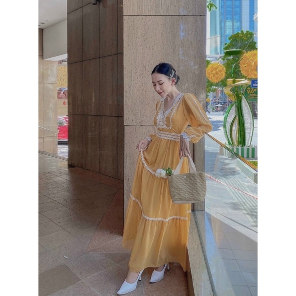 Maxi voan tay dài phối ren trắng đỏ vàng, đầm váy thời trang nữ tiểu thư dễ thương đi chơi du lịch đi biển chụp hình