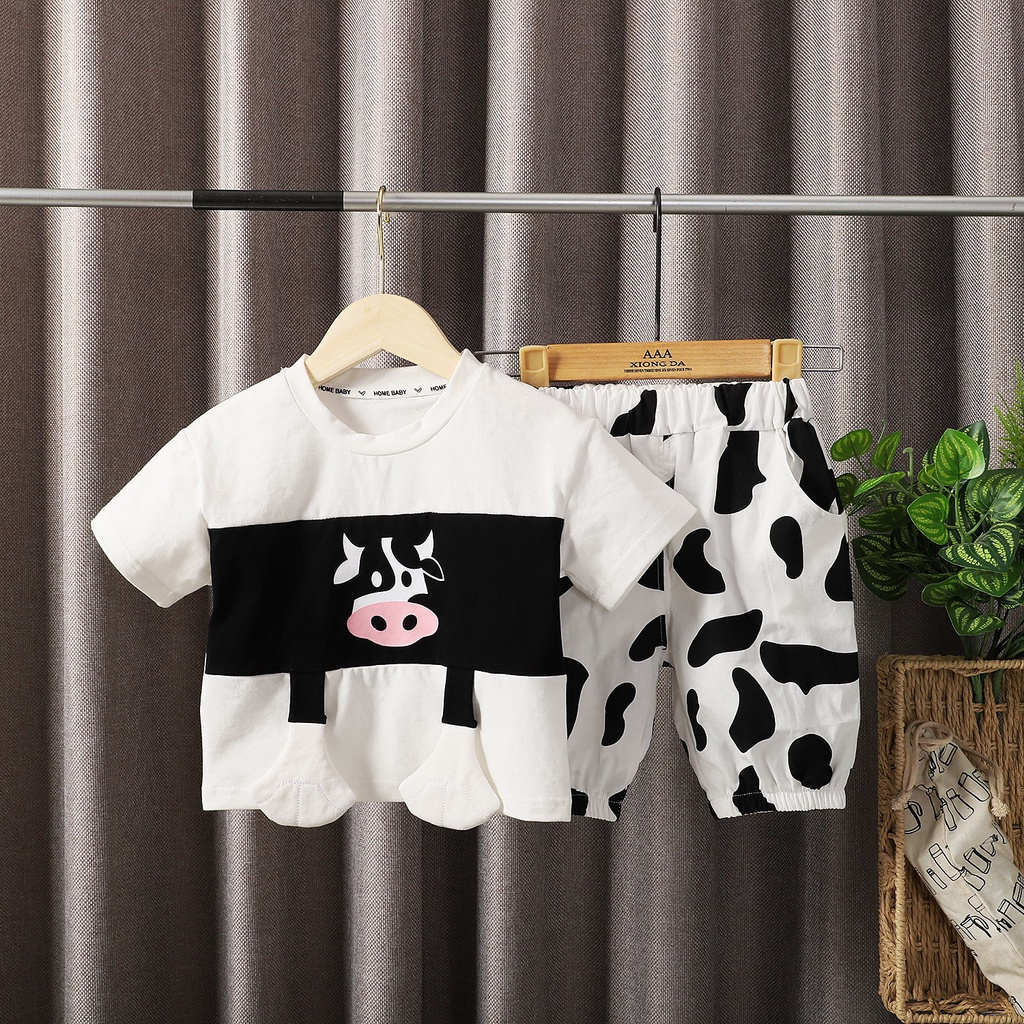 Bộ Áo Thun Cotton Ngắn Tay In Họa Tiết Bò Sữa + Quần Short 2 Món Thời Trang Cho Bé 0-6 Tuổi