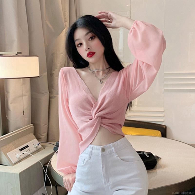 Áo Croptop Dệt Kim Thiết Kế Cổ Chữ V Quyến Rũ