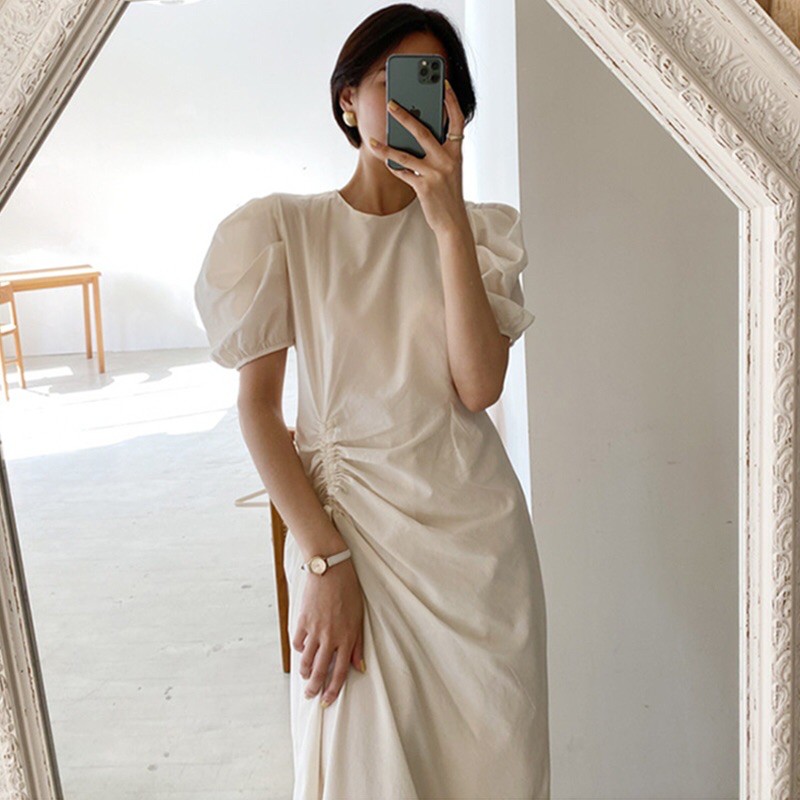 ĐẦM DÀI CHÍT EO  TAY PHỒNG PHONG CÁCH HÀN QUỐC